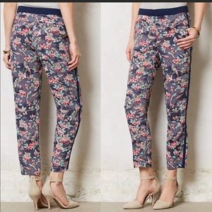 Anthropology Elevenses Floral Tuxedo Bird Pants